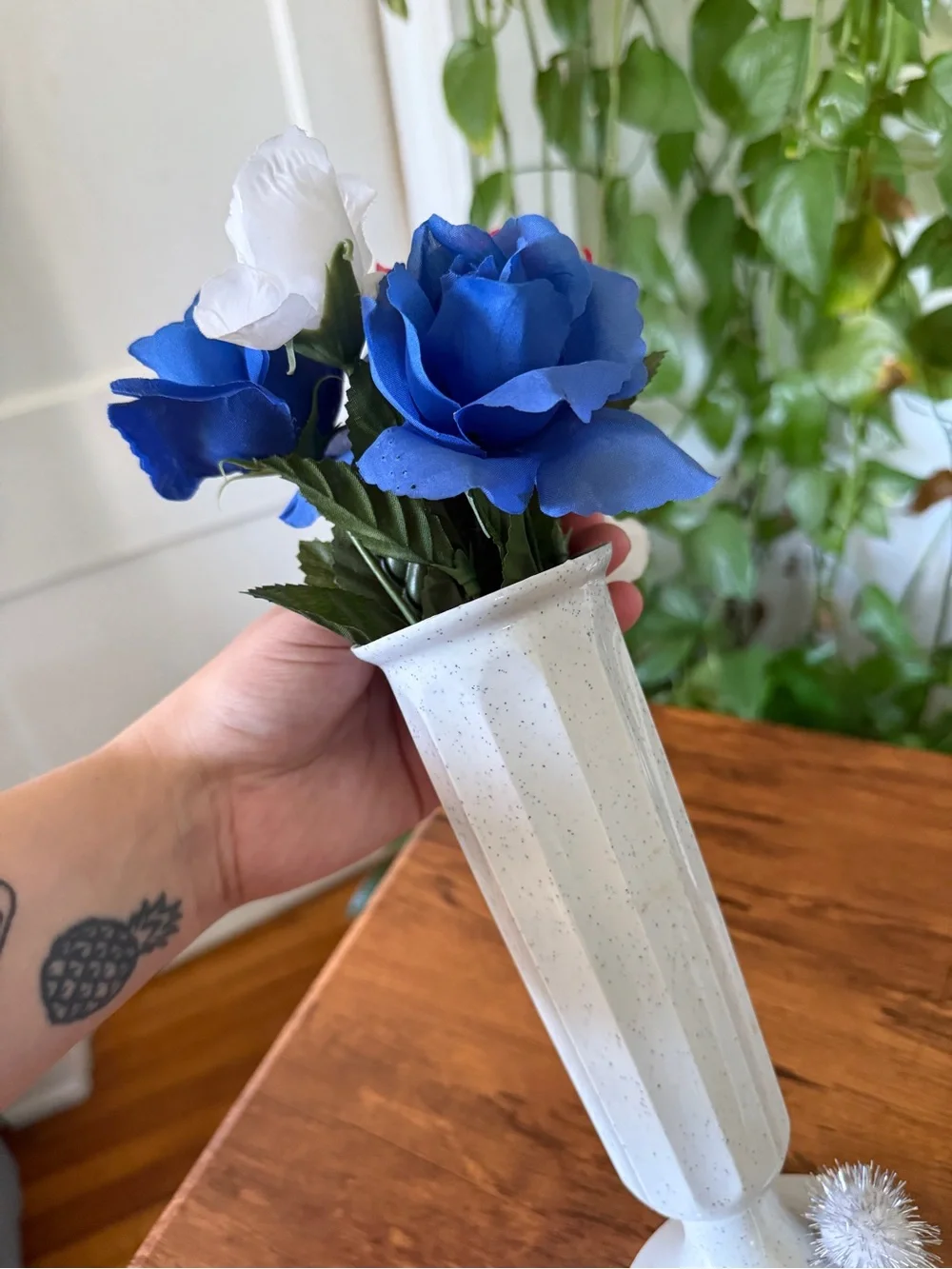 White Ceramic Bud plastic Vase with Red, Blue and White Artificial Flowers